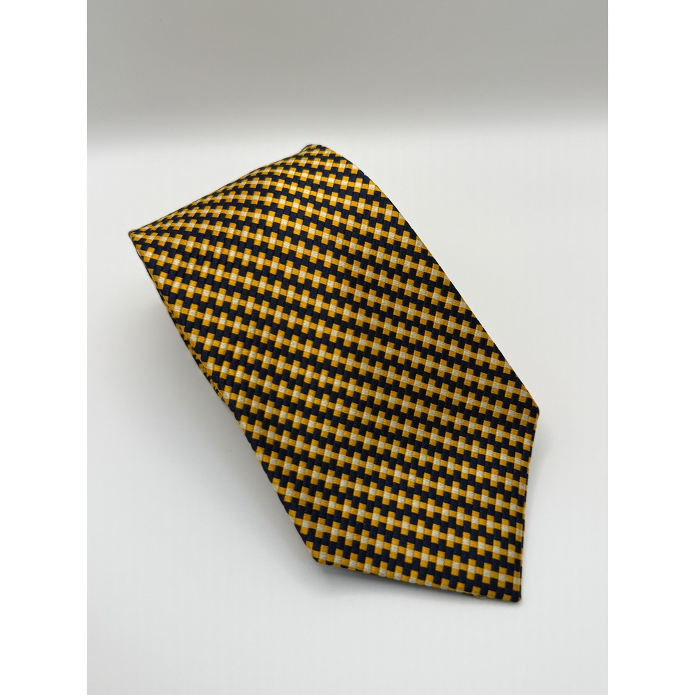 The Custom Shop Silk Tie 3.75" Gold Navy Geometric Woven Hand Tailored Classic